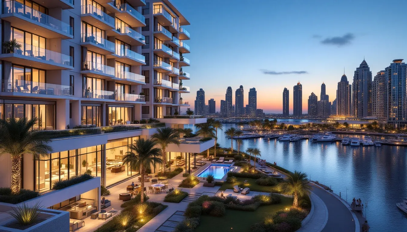 Aerial view of Marina Cove Dubai showcasing luxury waterfront residences and the vibrant marina.